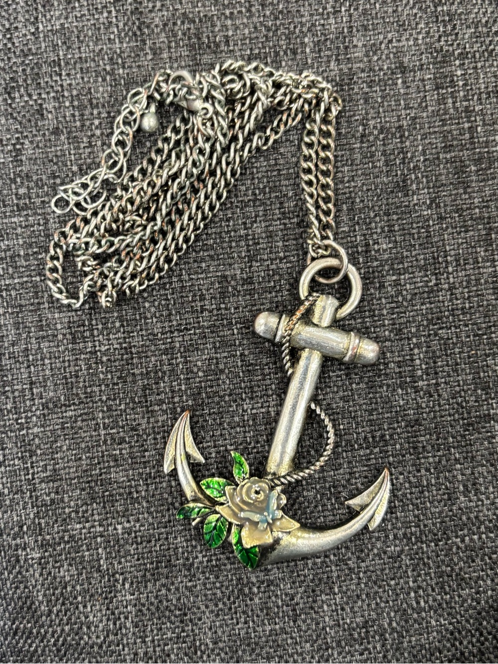Floral Anchor Necklace | Silvertone Metal | Long Chain | VGUC